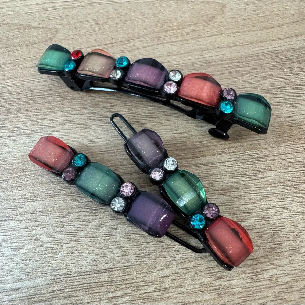 Vintage 90’s Girl Set of Multicolor Gemstone Hair Clips